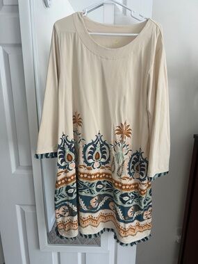Spartina 449 Cream Boho Border Print Long Sleeve Dress